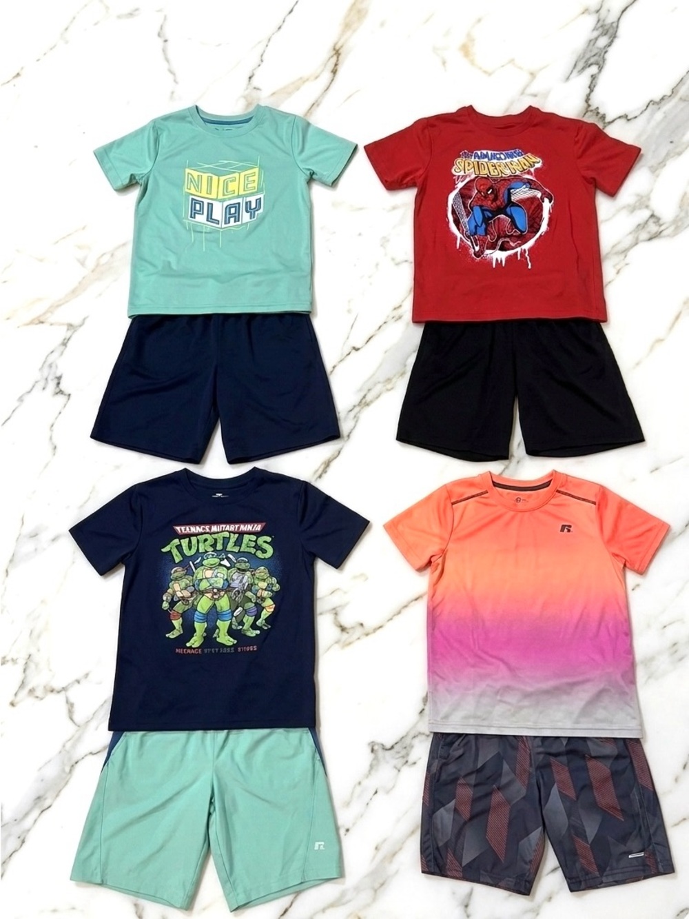 8 pieces Boys Summer Active Outfit Bundle - Bright Graphic Tees & Shorts